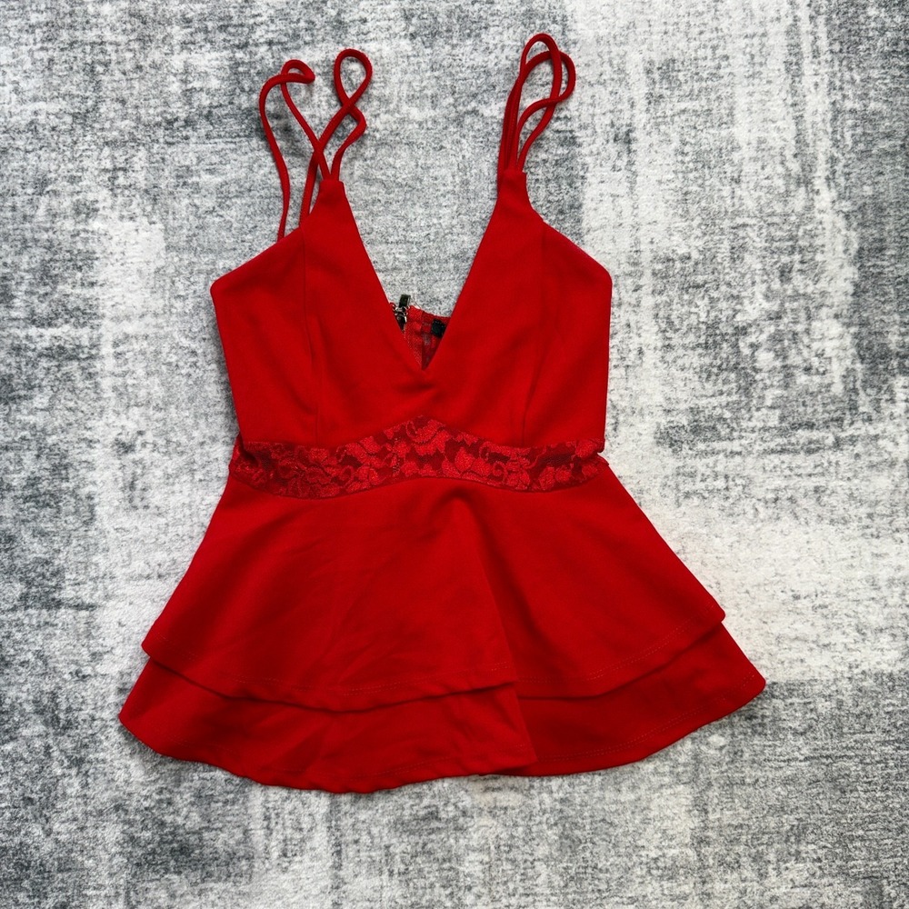 Revamped Crop Top Womens Small Cherry Red Peplum Babydoll Flowy Lace‎ Romantic